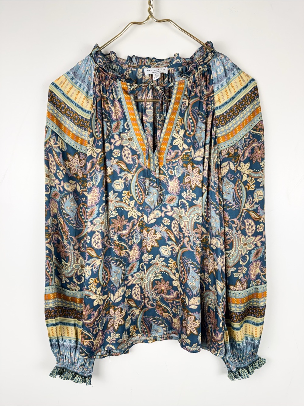 Current Air Boho Paisley Blouse XS Blue Floral Smocked Cuff Tie Neck Top Tunic